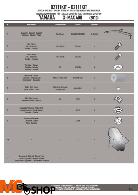 GIVI D2111KIT ZESTAW DO SZYBY YAMAHA X-MAX 125-250 (14), X-MAX 400 (13-14)