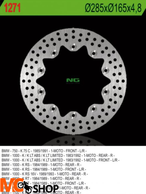 NG1271 TARCZA HAMULCOWA BMW K 75C/RT/S '94-'96, K 100 '84-'93, K1100 '92-'00 (285X165X4,8) (10X5,5MM)