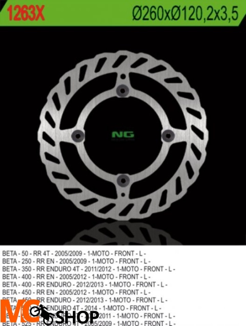 NG1263X TARCZA HAMULCOWA BETA 50/350/400/450/498/500 RR ENDURO (260X120,2X3,5) (4X8,5MM)