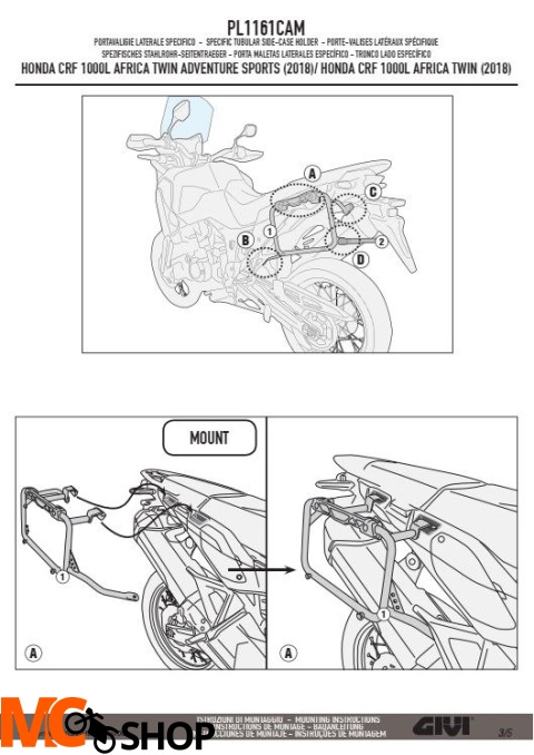 GIVI PL1161CAM STELAŻ KUFRÓW BOCZNYCH OUTBACK HONDA CRF1000L