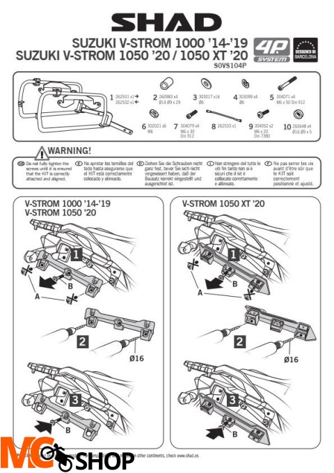 SHAD S0VS104P STELAŻ KUFRA BOCZNEGO 4P TERRA Suzuki V-Strom DL1000 14-19, DL1050/XT 20-21